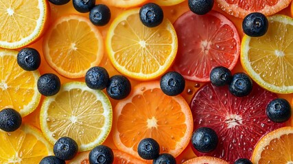 Colorful array of fresh fruits featuring oranges, grapefruits, lemons, and blueberries arranged beautifully on a wooden surface