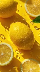 Fototapeta premium Fresh yuzu fruit with water droplets, citrus background, close-up macro