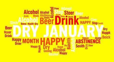 Embrace a healthy lifestyle this January with a Dry January word cloud banner emphasizing abstinence from alcohol and promoting a happy, alcohol-free month