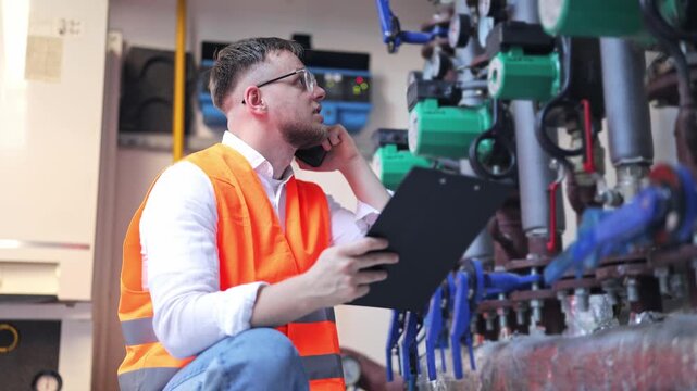Industrial setting. Engineer communicates on phone, clipboard in hand. Inspecting complex pipes, valves, gauges with focus. Problem solving, diligent work, concern for operational efficiency evident.