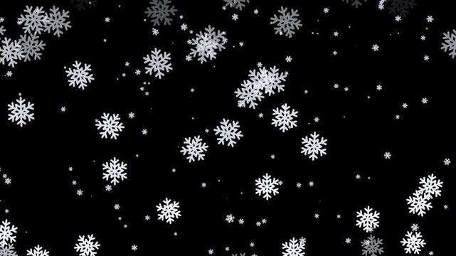 Falling white snowflake pattern on a black background, perfect for winter holiday and christmas design overlay 4k video