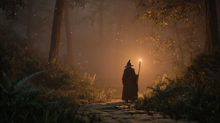 Fototapeta premium Mysterious Wizard Wearing Cloak and Hat Walking Through Forest at Night with Lantern in Misty Atmosphere
