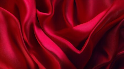 Luxurious Red Silk Fabric with Glossy Texture and Elegant Folds Highlighting Richness Depth and Sophistication in Close-Up View