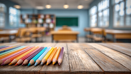 Colorful pencils on a wooden desk in a classroom