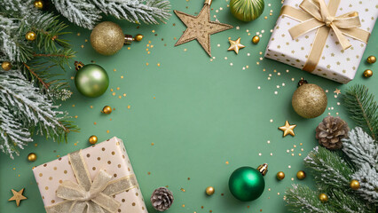 Christmas Eve concept.  gift boxes gold and green baubles star ornaments confetti and pine branches in hoarfrost on green background with empty space