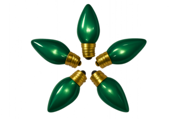 Festive green christmas light bulbs arranged in star shape holiday decoration isolated on white background