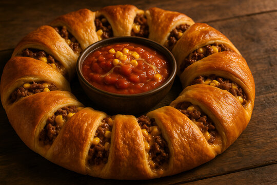 Delicious taco crescent ring appetizer with ground beef cheese and bean dip party food recipe idea