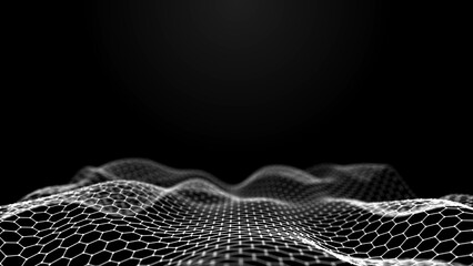 Abstract wave. Interweaving of dots and lines on a black background. Big data. 3D rendering.