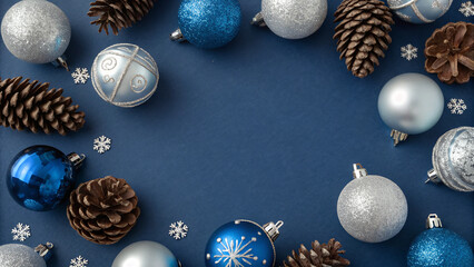 Colorful holiday ornaments in silver, blue, and white are arranged around pine cones and snowflakes on a dark blue background