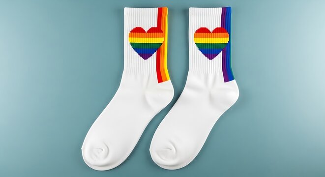 Pair of white socks with rainbow heart isolated on white background for pride month celebration