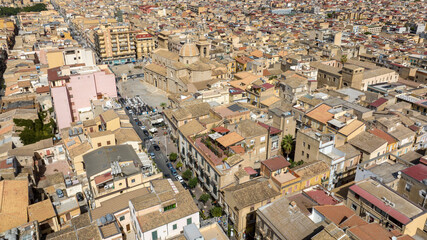 Aerial view of the mother church of Gela, located in the province of Caltanissetta, Sicily, Italy. It is located in the historic center of the Sicilian town and is the city's main place of worship.
