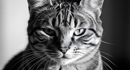 Closeup black and white portrait of a tabby cat with intense eyes and prominent whiskers, showcasing its striped fur pattern and a serious expression