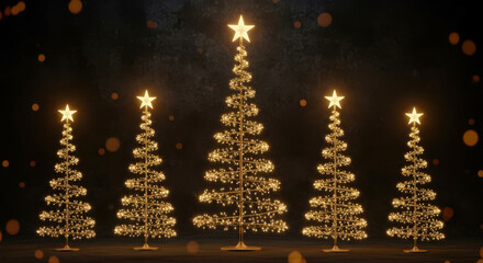 Five illuminated christmas trees with star toppers on dark background