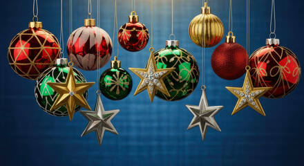 Sparkling christmas ornaments and stars hanging against a blue background