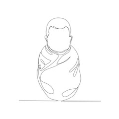 A continuous one-line drawing illustration of a peaceful newborn baby, swaddled tightly in a blanket
