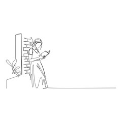 A continuous one-line illustration of a woman standing by a brick wall and a plant, reading a book