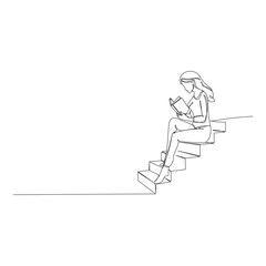 A continuous one-line illustration of a woman sitting on a staircase or steps, deeply engaged in reading a book