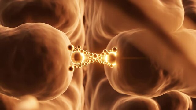 Dopamine release from coffee stimulation, inside the brain&rsquo;s reward center glowing warm amber, molecules connect smoothly, forming bright bridges across synapses