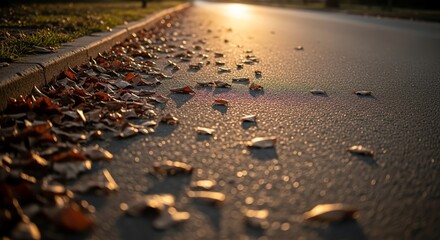 Golden Sunlight Illuminates Fallen Leaves on Asphalt Road