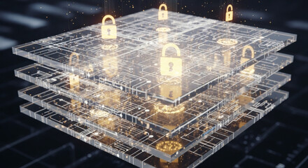 Abstract digital security layers with glowing padlock icons, representing robust cybersecurity, data protection, and network defense architecture in a modern technological environment