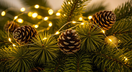 Close up of pine cones and twinkling lights on a christmas tree