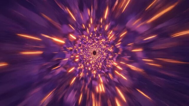 Ultra fast hyperspeed travel through an endless polygonal tunnel rendered in deep violet and neon orange light streaks simulating warp momentum movement, scifi, dynamic