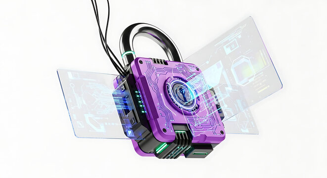 Futuristic purple digital padlock with glowing blue light and wires, concept for cybersecurity and data protection isolated on white background