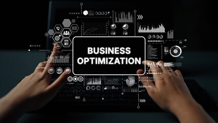 Hands on Laptop with Business Optimization Graphics and Digital Analytics Data Overlay for Corporate Success. Asymptotic smart data analytic.