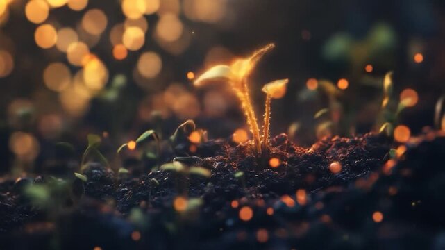 Enchanting Sprouts: A Glimpse into the Life Cycle of Glowing Seedlings in Nature's Embrace