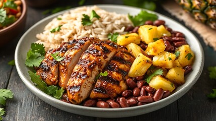 Caribbean jerk chicken rice beans pineapple slices tropical greenery island vibe no human
