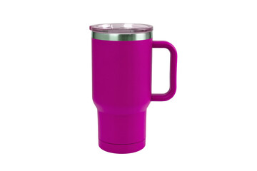 pink tumbler with handle isolated on white background.