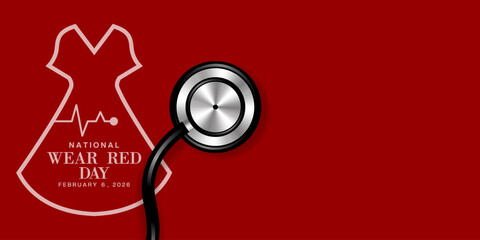 6 February 2026 is Wear Red Day. Wear and stethoscope. Great for cards, banners, posters, social media and more. Red background.   