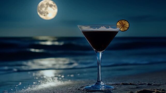 A Cinematic Martini on a Beach Under the Moonlight, a Perfect Moment of Serenity
