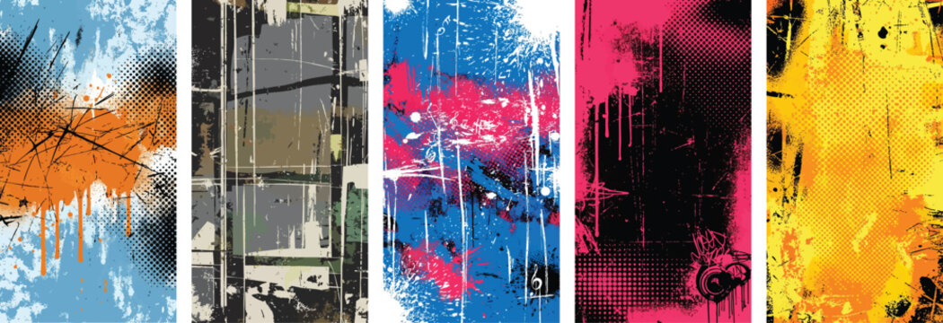 Urban punk textures with neon graffiti and distressed grunge background, featuring rough spray paint, scratch marks, and a halftone dot pattern for a vintage poster. Music and street style design.