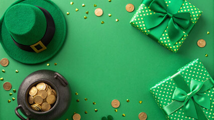 Festive St. Patrick's Day decorations with  green hat, gift boxes, and a pot filled with gold coins on a bright background