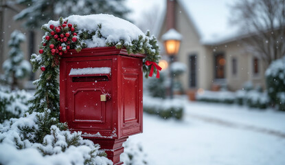Traditional red mailbox decorated with Christmas decorations and snow in the village