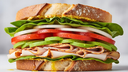 Close-up of a Hearty Deli Sandwich with Sliced Turkey, Fresh Vegetables, and Grainy Mustard on Rustic Bread