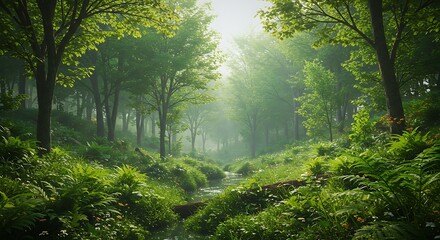 Lush, verdant forest scene with sunlight filtering through the dense canopy, and small stream