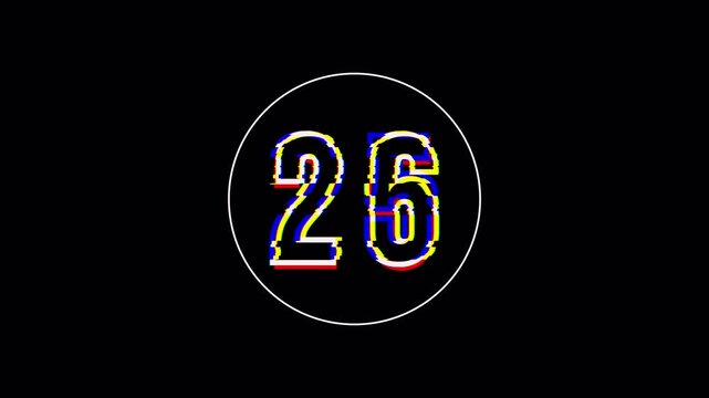 30 Seconds Glitch Countdown Timer Animation: Digital Distortion and Chromatic Aberration Effect in a Circle Frame on Black Background