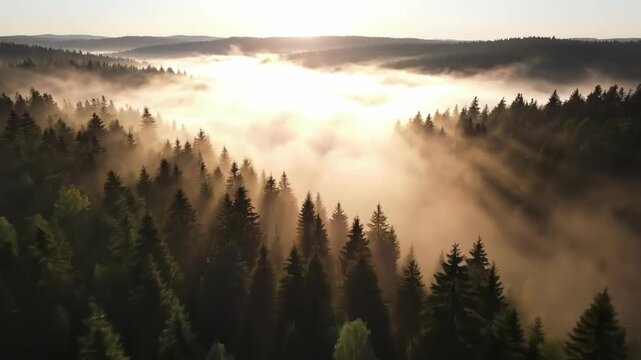 Wide aerial drone shot sweeping over an endless, dense evergreen forest canopy completely submerged in a thick layer of rolling morning fog woodland, mist, forest