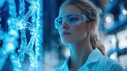 biotech research female scientist analyzing genetic data on digital interface video - Powered by Adobe