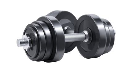 Heavy metal gym equipment: a black fitness dumbbell isolated on a white background for strength training and muscle building