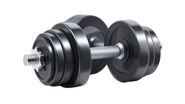 Heavy metal gym equipment: a black fitness dumbbell isolated on a white background for strength training and muscle building