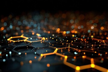 Abstract Geometric Network with Hexagonal Structure Illuminated by Orange and Blue Lights in Dark Background
