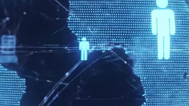 Global Digital Network of People: Abstract World Map with Glowing Human Icons and Connecting Lines, Representing Social Connections and Data Flow