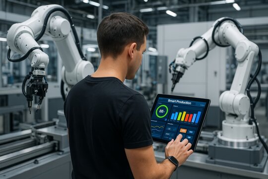 Engineer monitoring robotic arms with digital tablet in smart factory showing production metrics and automation data in high-tech environment. Ai generative