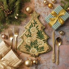 A festive table scene featuring a tree shaped plate, gold cutlery, pine sprigs, a striped gift box, and gold ornaments ready for Christmas