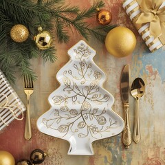 A festive table scene featuring a tree shaped plate, gold cutlery, pine sprigs, a striped gift box, and gold ornaments ready for Christmas