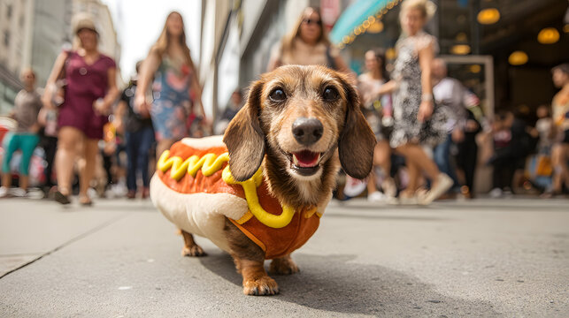 Playful Dachshund in Hot Dog Costume with Busy City Crowd Background