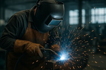 Industrial worker welding metal with sparks flying in dark workshop environment, wearing safety gear and helmet, showing manufacturing concept detail. Ai generative